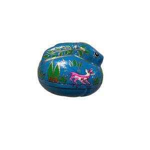 Hand Painted Folk Rabbit Papier Mache Container Hare Easter Good Luck Blue anima